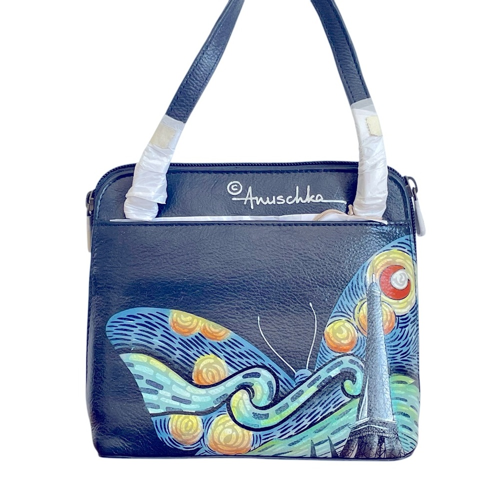 Anuschka Hand-Painted Leather Small Zip-Around Crossbody Starry Paris Bag